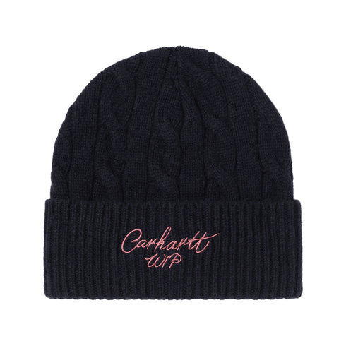 Carhartt WIP Signature Cable Beanie - Deep Night / Glassy Pink — bonnet